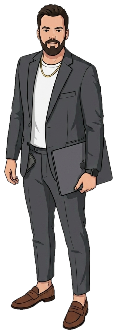 Full-length illustration of Dan Morency holding a laptop